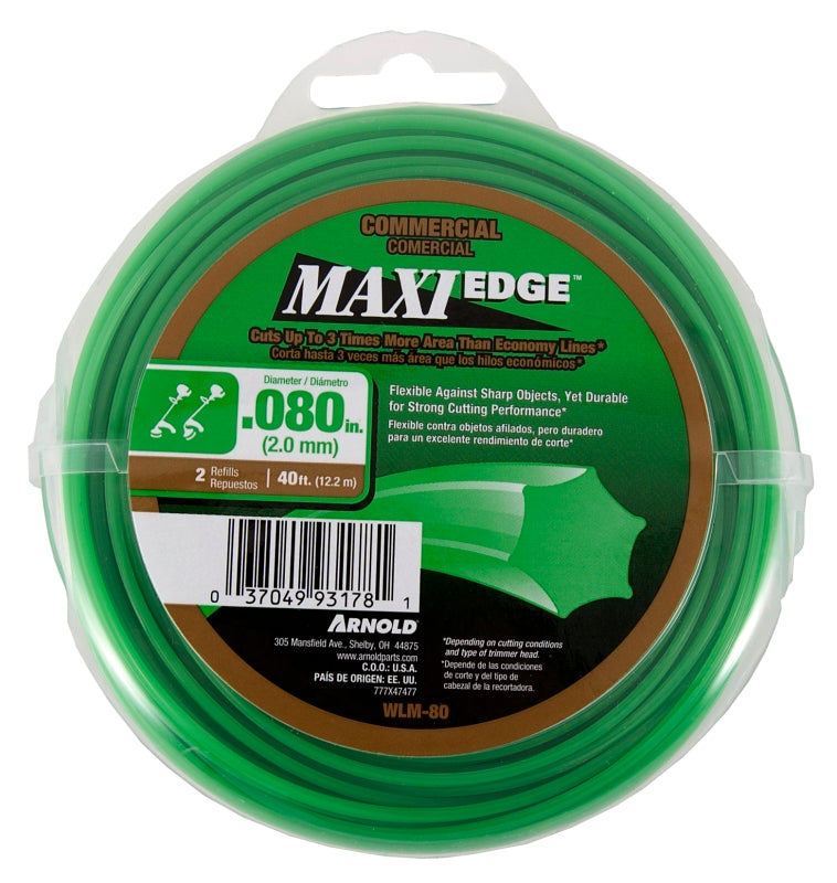 Arnold Maxi Edge Series WLM-80 Trimmer Line, 0.08 in Dia, 40 ft L, Polymer, Green