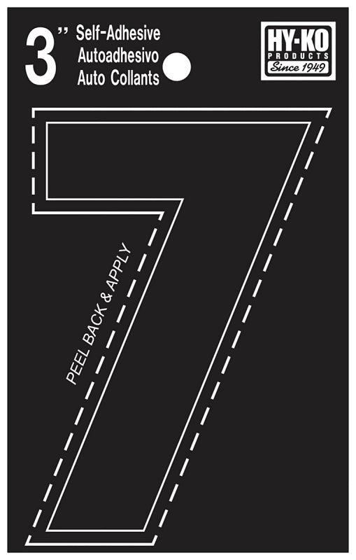 Hy-Ko 30400 Series 30407 Self-Stick Die-Cut Number, Character: 7, 3 in H Character, Black Character, Vinyl, Pack of 10