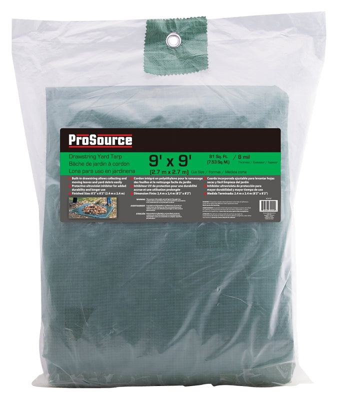 ProSource Y0909GG140 Yard Tarp with Drawstring, 9 ft L, 9 ft W, 8 mil Thick, Polyethylene, Green/Black
