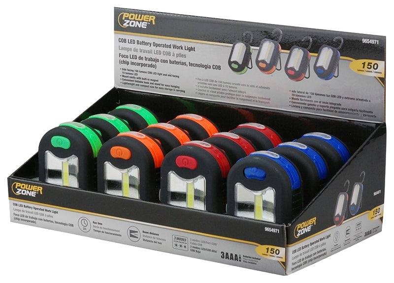 PowerZone 12600 COB Work Light with Stand, 2-Lamp, LED Lamp, 150 Lumens, Red/Blue/Orange/Green, Pack of 12