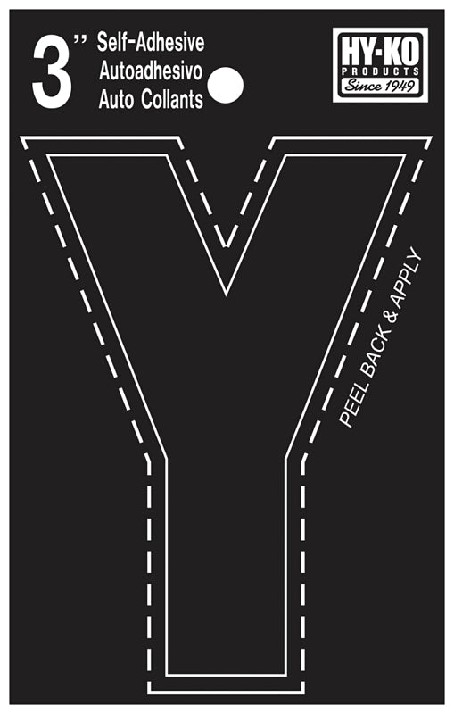 Hy-Ko 30400 Series 30435 Self-Stick Die-Cut Letter, Character: Y, 3 in H Character, Black Character, Vinyl, Pack of 10