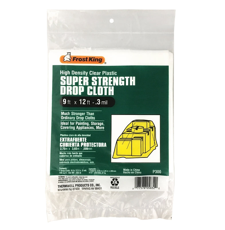 Frost King P300 Drop Cloth, 12 ft L, 9 ft W, 0.3 mil Thick, Plastic, Clear