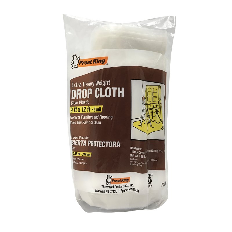 Frost King P311R Drop Cloth, 12 ft L, 9 ft W, 3 mil Thick, Plastic, Clear