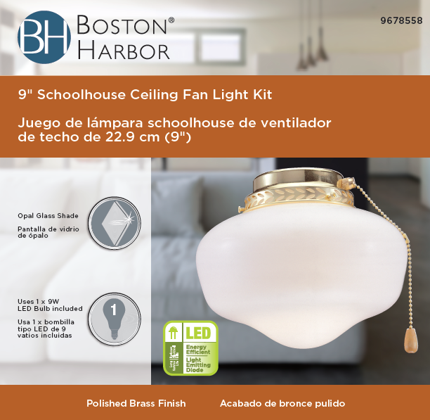 Boston Harbor Schoolhouse Light Kit, Opal Glass, Polished Brass, Polished Brass