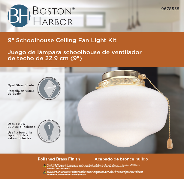 Boston Harbor Schoolhouse Light Kit, Opal Glass, Polished Brass, Polished Brass