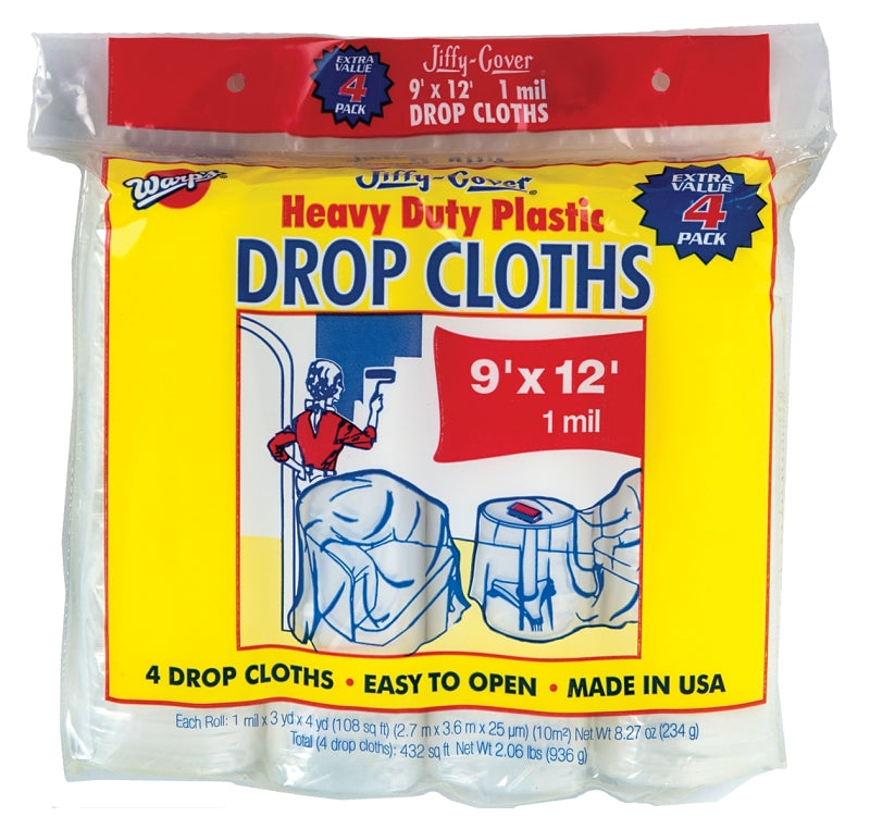 Warp's JC-9124 Drop Cloth, 12 ft L, 9 ft W, 1 mil Thick, Plastic, Pack of 6