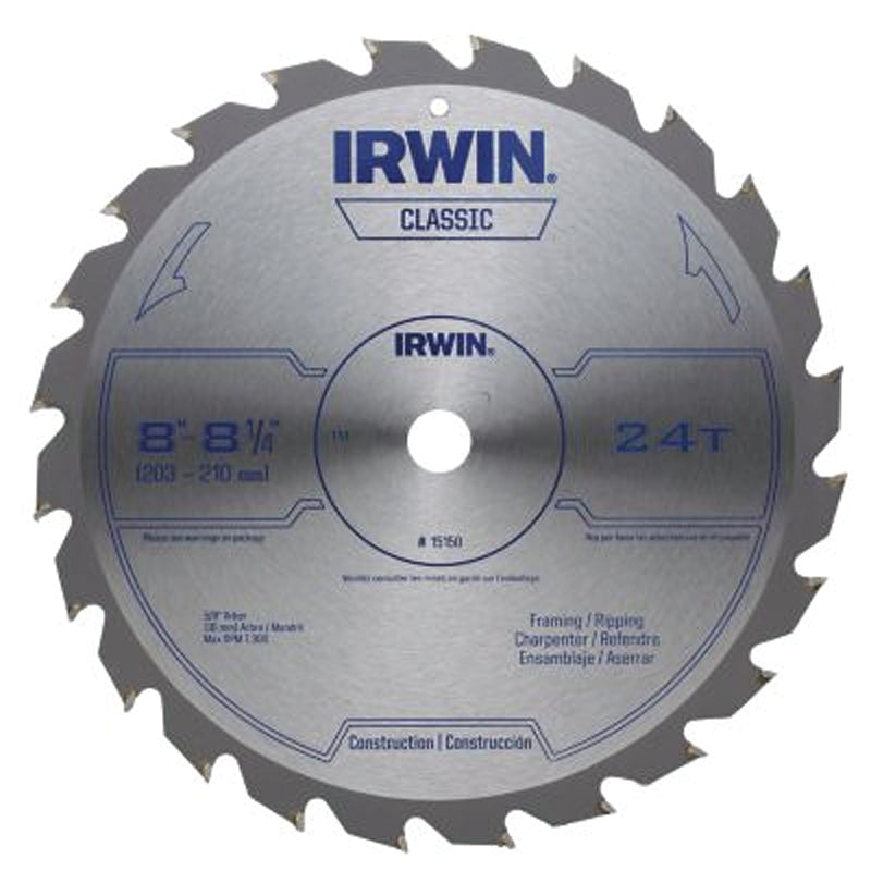 Irwin 15150 Circular Saw Blade, 0.055 in Dia, 5/8 in Arbor, 24-Teeth, Carbide Cutting Edge, Applicable Materials: Wood