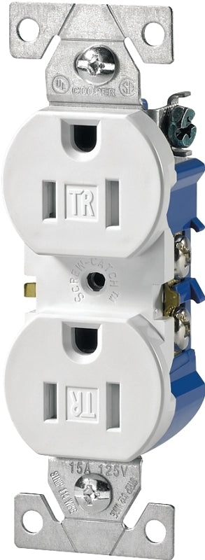 Eaton Wiring Devices TR270W-BOX Duplex Receptacle, PVC, White, 2-Pole, 3-Wire, 125 V, Push-in, Side Wiring, NEMA: 5-15R