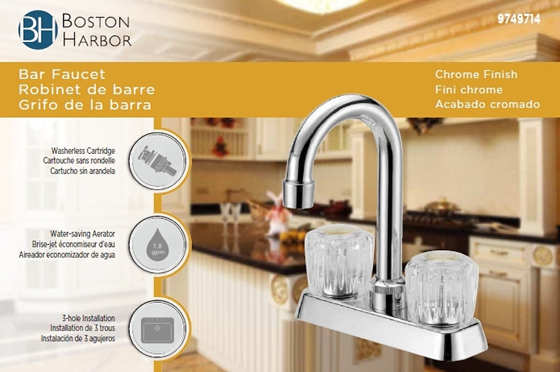Boston Harbor PFN47850CP-LF Bar Sink Faucet, 1.8 gpm, 2-Faucet Handle, 3-Faucet Hole, Metal, Chrome, Deck Mounting