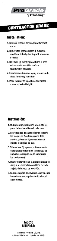 Frost King TAOC36A Sill Threshold, 36 in L, 5-5/8 in W, Aluminum