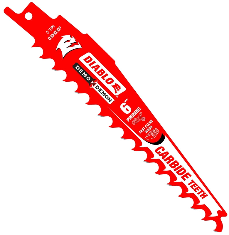 Diablo DS0603CP Series Reciprocating Saw Blade, Applicable Materials: Wood, 6 in L, 3 TPI, Carbide Cutting Edge, 1/PK