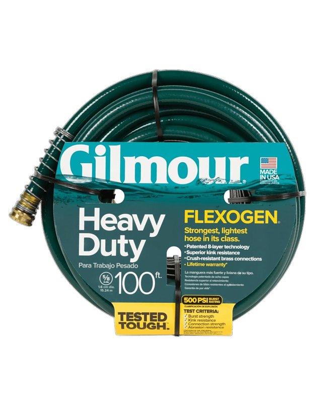Gilmour Flexogen 864001-1001 Heavy-Duty Garden Hose, 100 ft L, Spigot, Brass/Stainless Steel/Vinyl, Green