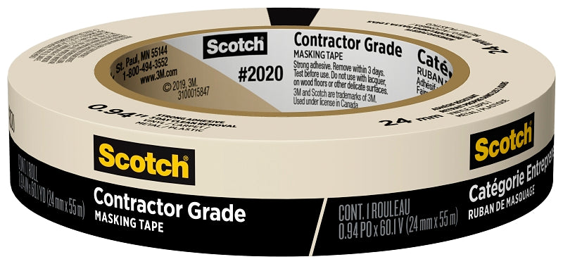 Scotch 2020-24U-F Masking Tape, 55 m L, 24 mm W, 0.0052 in Thick, Rubber Backing, Tan