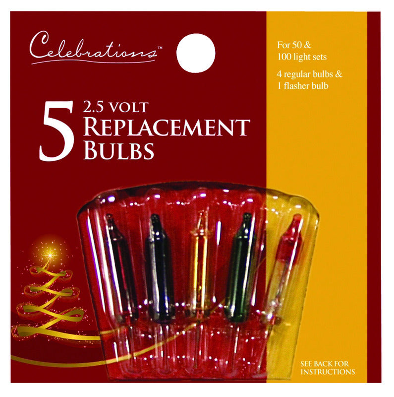 Celebrations Red Incandescent Mini Multicolored 5 ct Replacement Christmas Light Bulbs, Pack of 25
