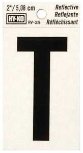 Hy-Ko RV-25/T Reflective Letter, 1-1/2 in W x 3 in H Dimensions, Character: T, 2 in H Character, Black Character, Vinyl, Pack of 10