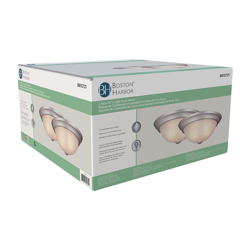 Boston Harbor F51WH02-1006-BN Flush Mount Ceiling Fixture, 120 V, 60 W, A19 or CFL Lamp, Brushed Nickel Fixture