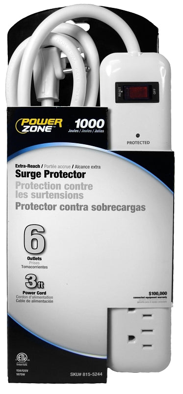 PowerZone OR802126 Surge Protector Power Strip, 125 V, 15 A, 6-Outlet, 1000 J Energy, White