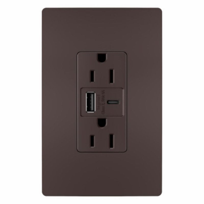 Legrand radiant R26USBAC6DBCCV4 USB Outlet, 15 A, 125 V, Type A, C USB, NEMA: NEMA 5-15R, Dark Bronze