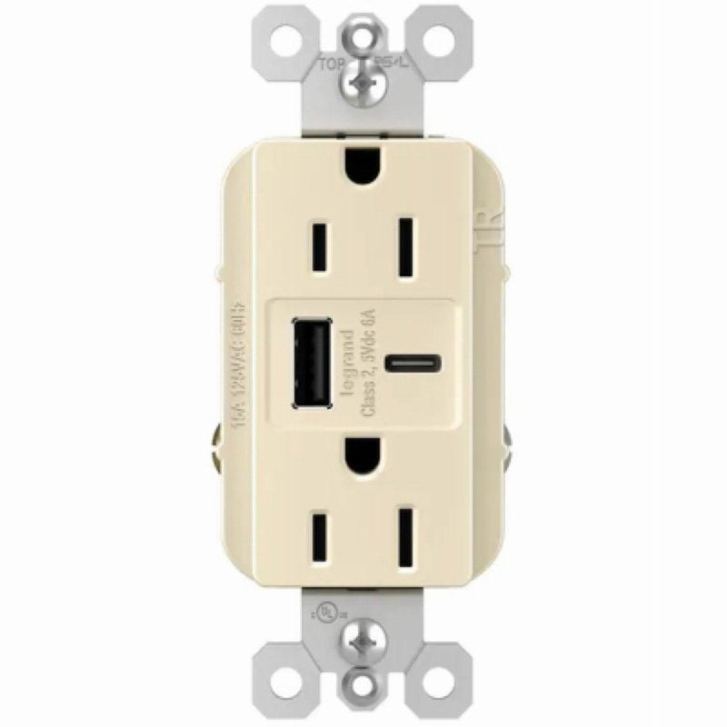 Legrand radiant R26USBAC6LACCV4 USB Outlet, 15 A, 125 V, Type A, C USB, NEMA: NEMA 5-15R, Light Almond