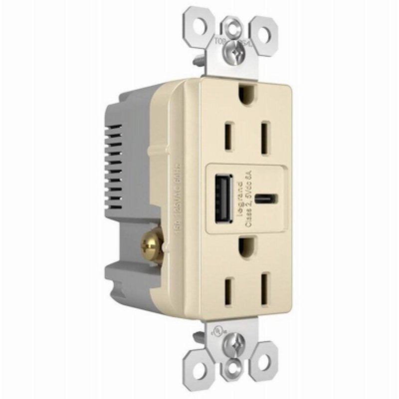 Legrand radiant R26USBAC6LACCV4 USB Outlet, 15 A, 125 V, Type A, C USB, NEMA: NEMA 5-15R, Light Almond