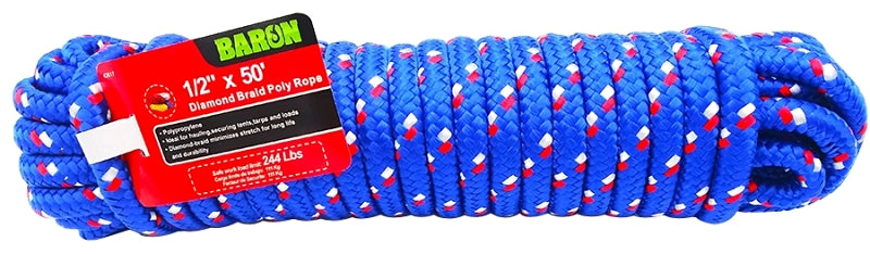 Baron 42617 Rope, 1/2 in Dia, 50 ft L, 244 lb Working Load, Polypropylene, Blue/Red/White
