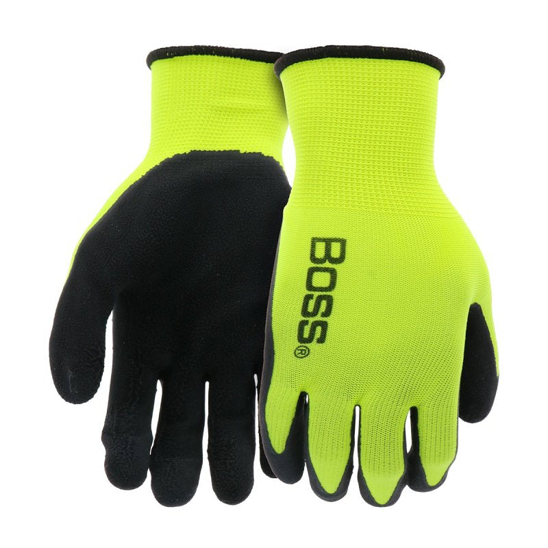 Boss Tactile Grip Series B31282-L Coated Gloves, L, Knit Wrist Cuff, Latex Coating, Polyester, Black/Hi-Viz Yellow
