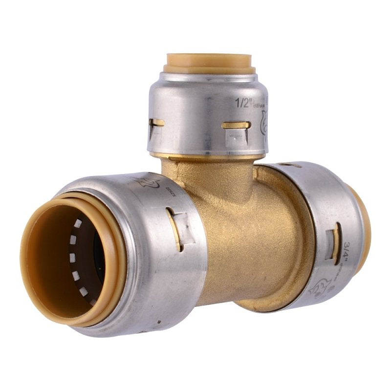 SharkBite Max Series UR412A Reducing Pipe Tee, 3/4 x 1/2 in, Push-To-Connect, Brass, 250 psi Pressure