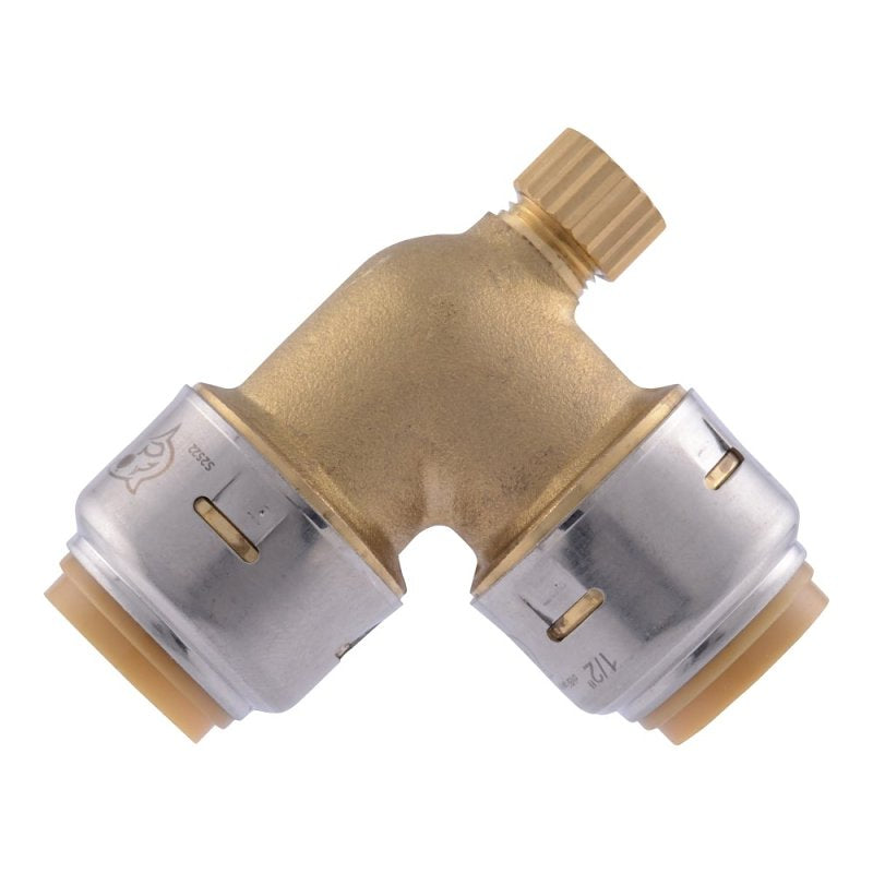 SharkBite UR5248A Pipe Elbow with Drain/Vent, 1/2 in, 90 deg Angle, Brass, 200 psi Pressure