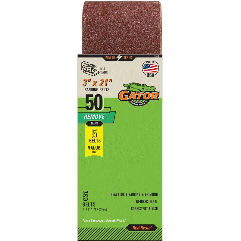 Gator Red Resin 7012 Sanding Belt, 3 in W, 21 in L, 50 Grit, Coarse, Aluminum Oxide Abrasive