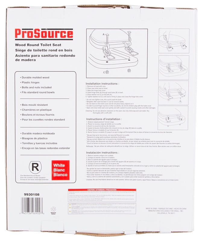 ProSource T-17WM-3L Toilet Seat, Round, MDF Molded Fiberboard, White, Plastic Hinge Hinge