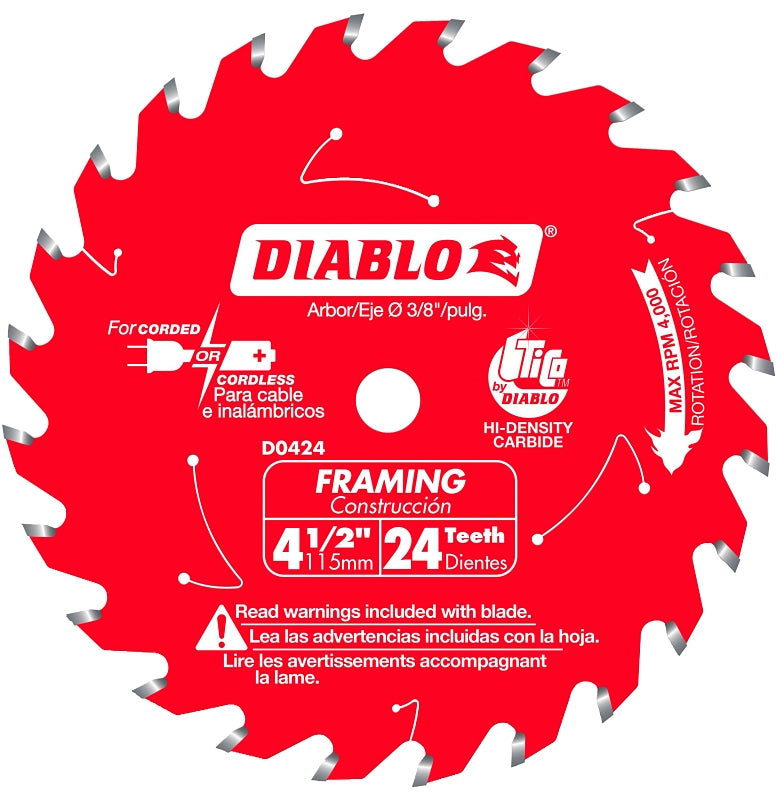 Diablo D0424X Framing Saw Blade, 4-1/2 in Dia, 3/8 in Arbor, 24-Teeth, Carbide Cutting Edge
