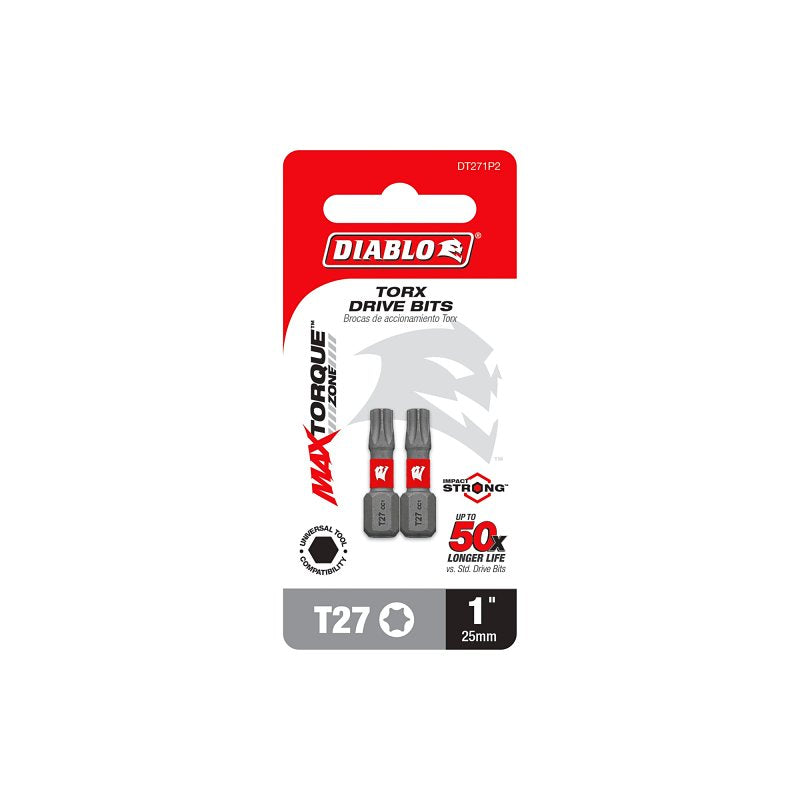 Diablo DT271P2 Drive Bit, #27 Drive, Torx Drive, 1/4 in Shank, Hex Shank, 1 in L