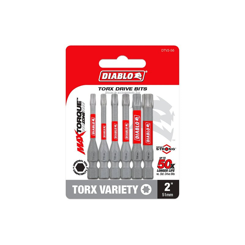 Diablo DTV2-S6 Drive Bit, T10, T15, T20, T25, T30, T40 Drive, Torx Drive, 2 in L