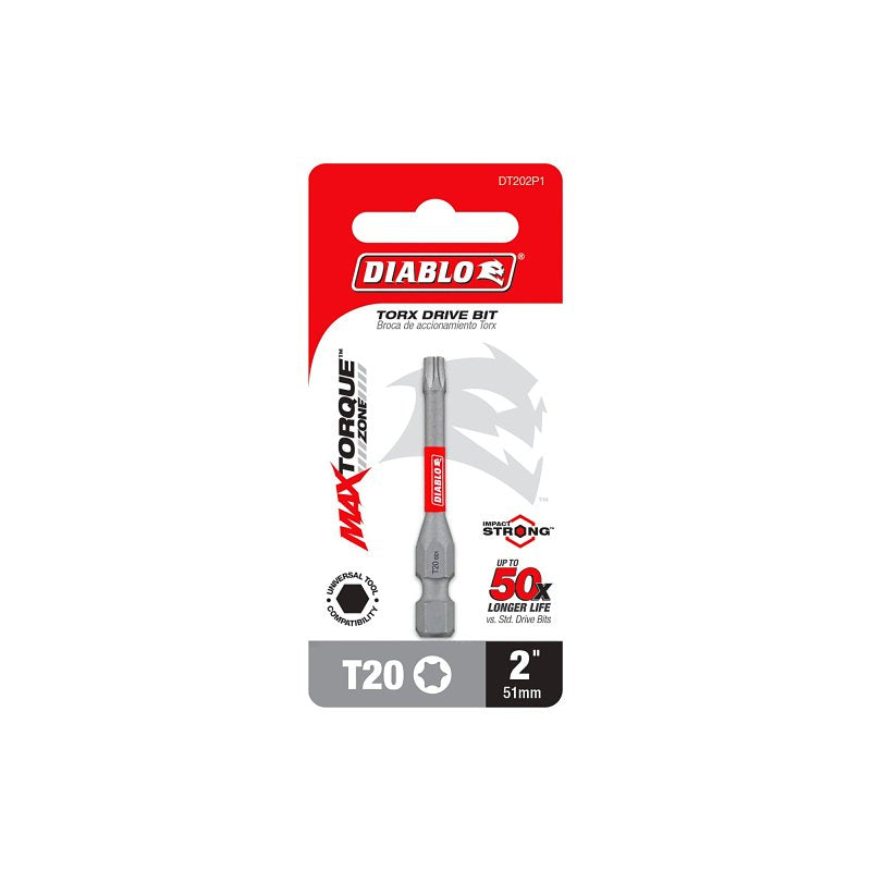 Diablo DT202P1 Drive Bit, T20 Drive, Torx Drive, 1/4 in Shank, Hex Shank, 2 in L