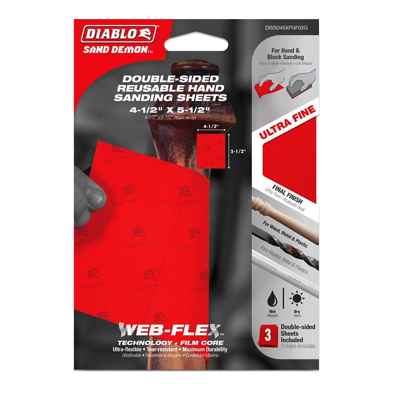 Diablo Sand Demon DWS045XFNF03G Reusable Hand Sanding Sheet, 5-1/2 in L, 4-1/2 in W, Ultra Fine, Aluminum Oxide Abrasive