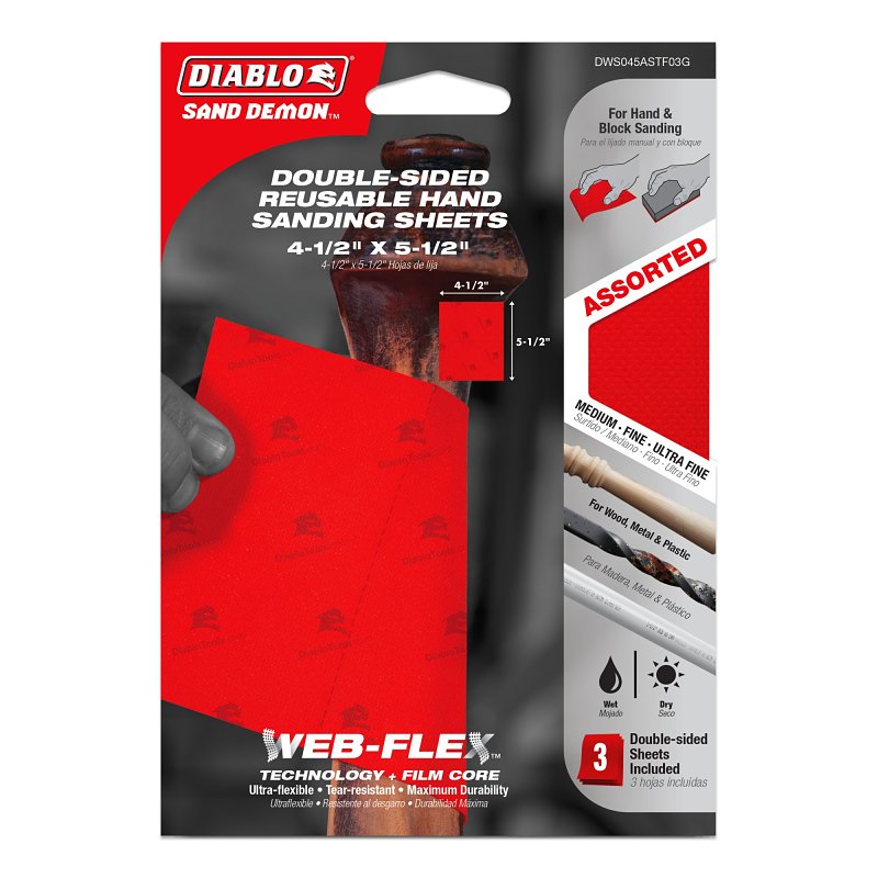 Diablo Sand Demon DWS045ASTF03G Reusable Hand Sanding Sheet Assorted, 5-1/2 in L, 4-1/2 in W, Fine, Medium, Ultra Fine