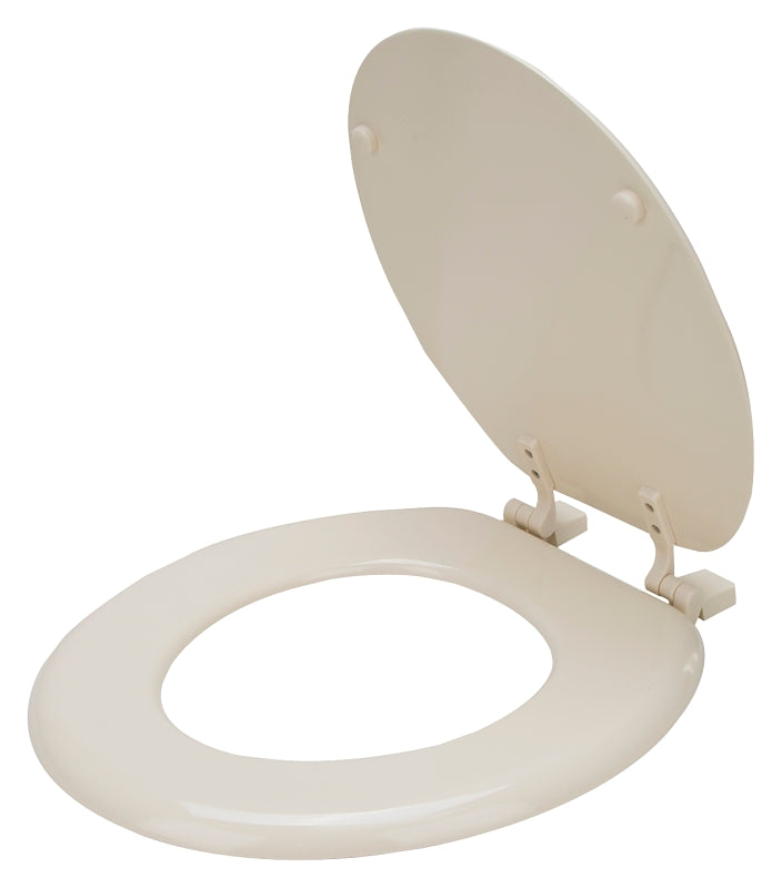 ProSource T-17WM-B-3L Toilet Seat, Round, MDF Molded Fiberboard, Bone, Plastic Hinge Hinge