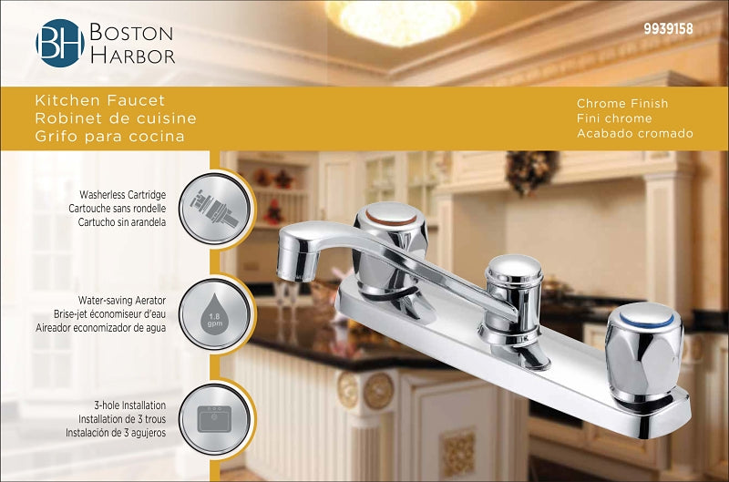Boston Harbor OMETQO1235CP-LF Kitchen Faucet, 1.8 gpm, 3-Faucet Hole, Metal/Plastic, Chrome, Deck Mounting