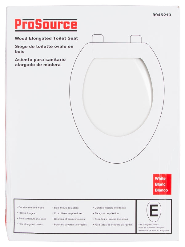ProSource T-19WM-3L Toilet Seat, Elongated, MDF Molded Fiberboard, White, Plastic Hinge Hinge