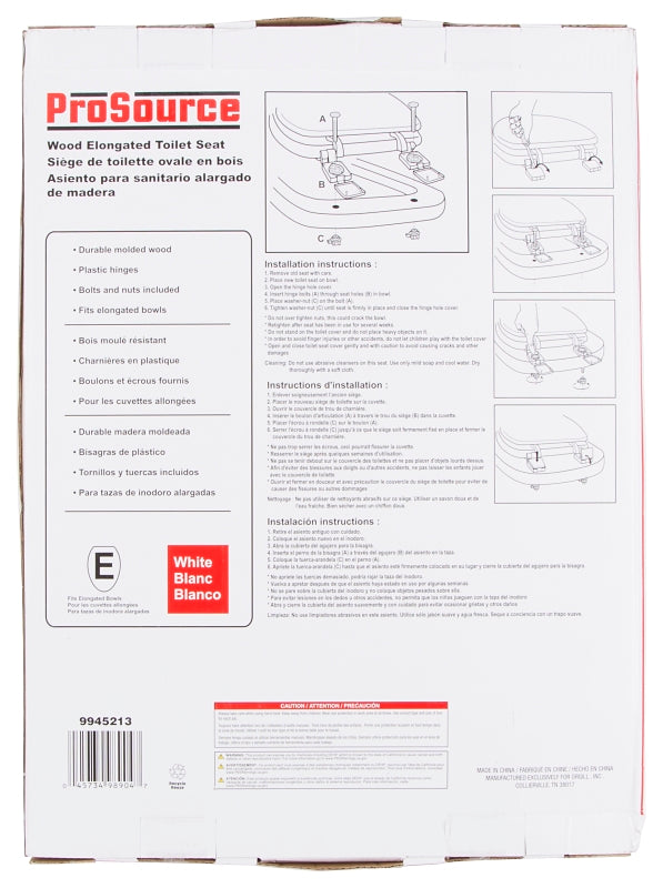 ProSource T-19WM-3L Toilet Seat, Elongated, MDF Molded Fiberboard, White, Plastic Hinge Hinge