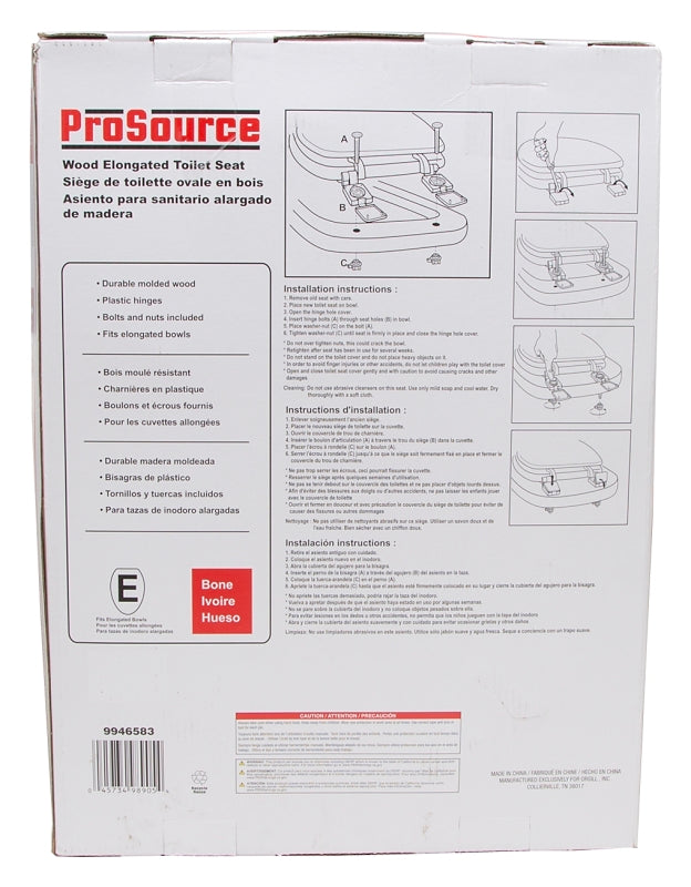 ProSource T-19WM-B-3L Toilet Seat, Elongated, MDF Molded Fiberboard, Bone, Plastic Hinge Hinge