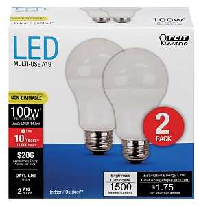 Feit Electric A1600/850/10KLED/2 LED Bulb, General-Purpose, A19 Lamp, 100 W Equivalent, E26 Medium Lamp Base, White