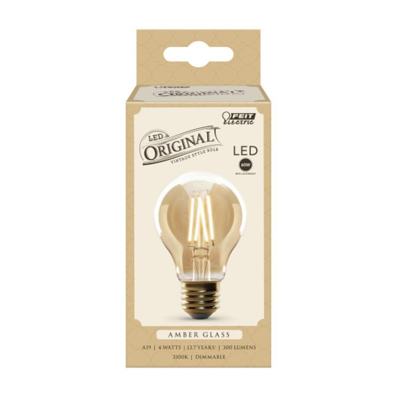 Feit Electric AT19/VG/LED Bulb, Decorative 4W, 60W Replacement AT19 E26 Dimmable Straight Filament Amber Glass Vintage Edison LED Light Bulb, Soft White., Pack of 4
