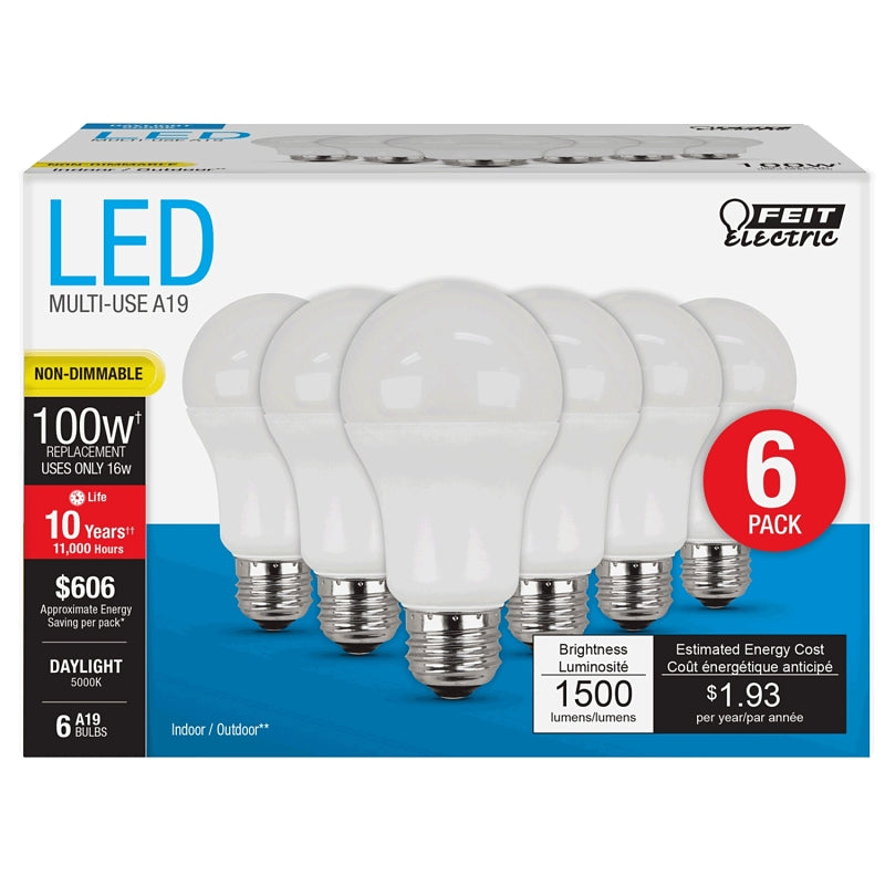 Feit Electric A1600/850/10KLED/6 LED Bulb, General-Purpose, A19 Lamp, 100 W Equivalent, E26 Medium Lamp Base, Frosted