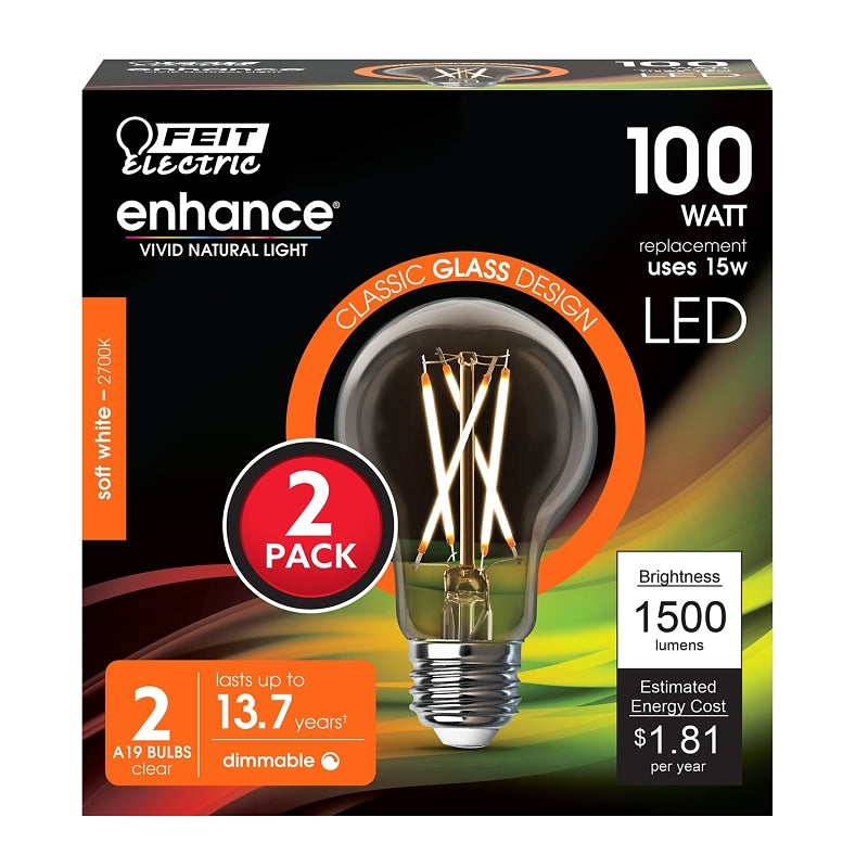 Feit Electric A100CL927CA/FIL/2 Filament Enhance LED Bulb, A19 Lamp, 100 W Equivalent, E26 Medium Lamp Base, Dimmable