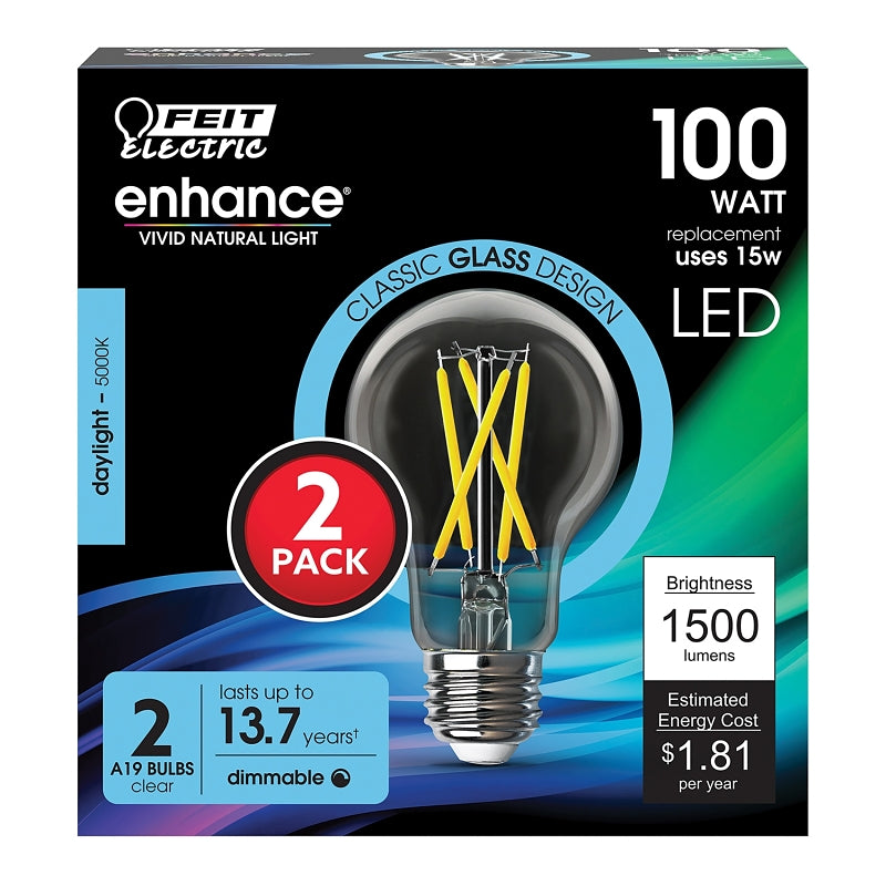 Feit Electric A100CL950CA/FIL/2 LED Bulb, A19 Lamp, 100 W Equivalent, E26 Medium Lamp Base, Dimmable, Clear, Daylight