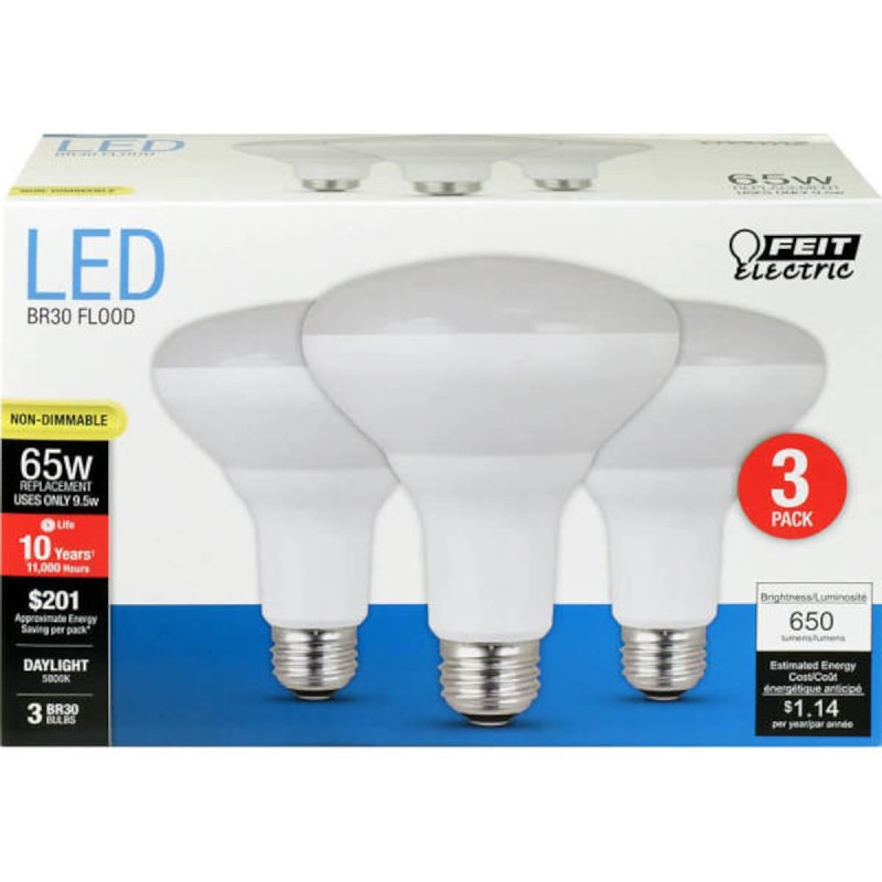 Feit Electric BR30/850/10KLED/3 LED Bulb, Flood/Spotlight, BR30 Lamp, 65 W Equivalent, E26 Medium Lamp Base, Daylight