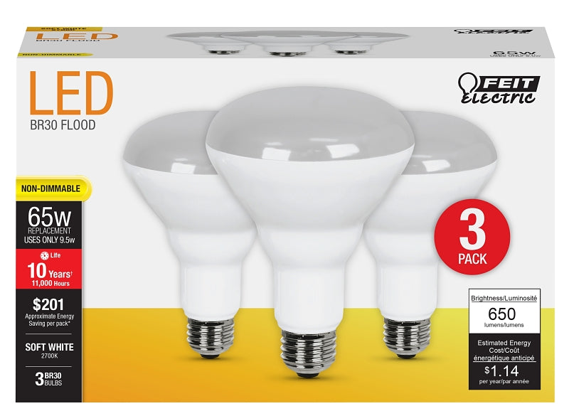 Feit Electric BR30/10KLED/3 LED Bulb, Flood/Spotlight, BR30 Lamp, 65 W Equivalent, E26 Medium Lamp Base, Non-Dimmable
