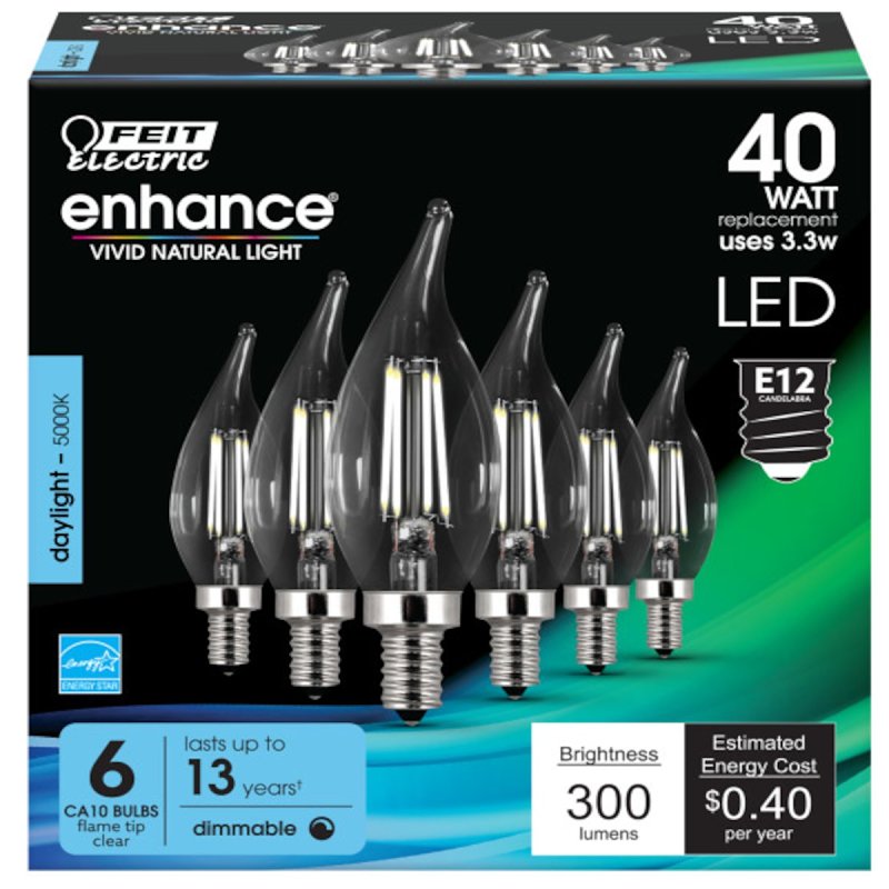 Feit Electric CFC40/950CA/FIL/6 LED Bulb, Decorative, B10 Lamp, 40 W Equivalent, E12 Lamp Base, Dimmable, Pack of 4