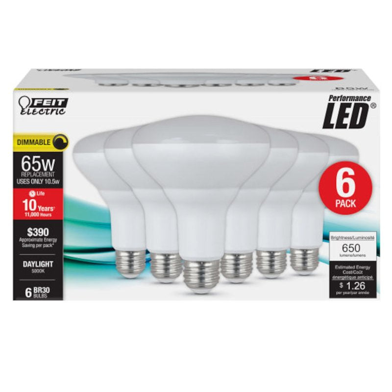 Feit Electric BR30DM/850/10KLED/6 LED Bulb, Flood/Spotlight, BR30 Lamp, 50 W Equivalent, E26 Medium Lamp Base, Dimmable, Pack of 4